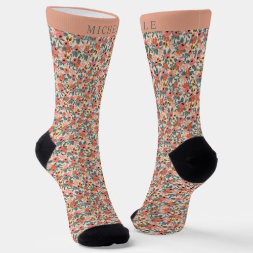 Custom Beige Floral Pink Peach Flowers Pattern  Socks