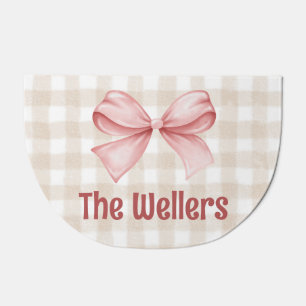 Custom Beige Gingham Doormat with Pink Bow
