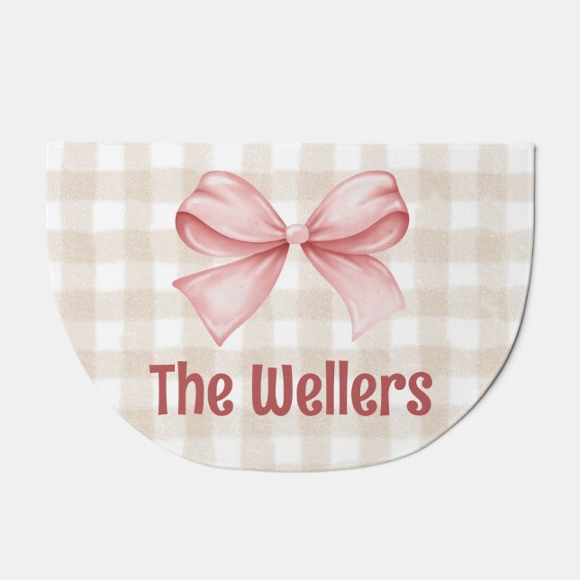 Custom Beige Gingham Doormat with Pink Bow (Front)