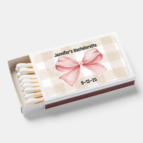 Custom Beige Gingham  Pink Bow Bachelorette  Matchboxes