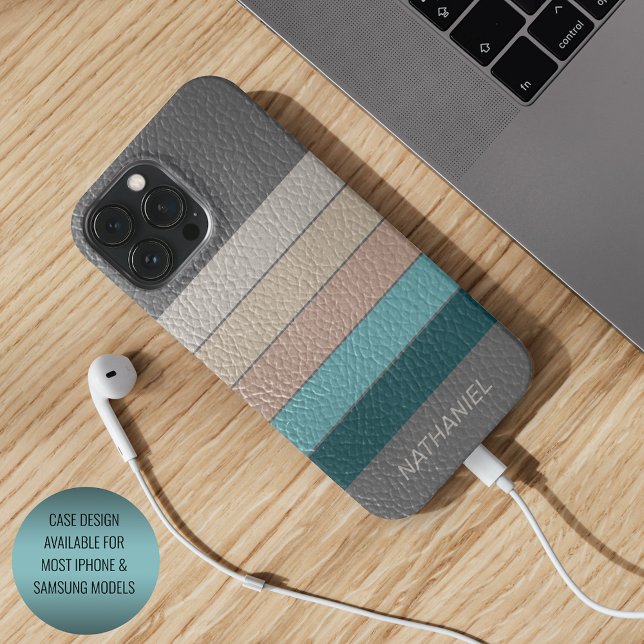 Custom Beige Gray Aqua Blue Teal Green Stripes Case-Mate iPhone Case (Creator Uploaded)