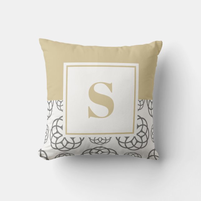 Custom Beige Gray Pattern Monogrammed Throw Pillow (Front)