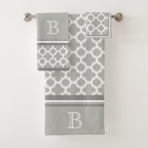 Custom Beige Gray White Retro Ikat Quatrefoil Art Bath Towel Set