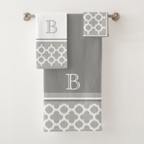 Custom Beige Gray White Retro Ikat Quatrefoil Art Bath Towel Set