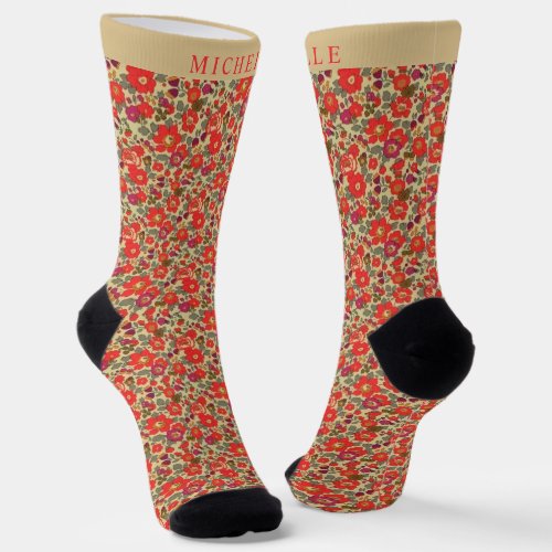 Custom Beige Tan Floral Red Purple Flower Pattern Socks