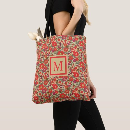 Custom Beige Tan Floral Red Purple Flower Tote Bag