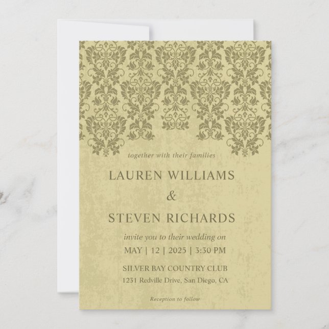 Custom Beige Tan Olive Green Glamor Lace Wedding Invitation (Front)
