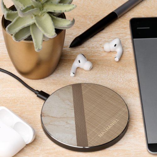 Custom Beige Tan Taupe Brown Leather Marble Look Wireless Charger