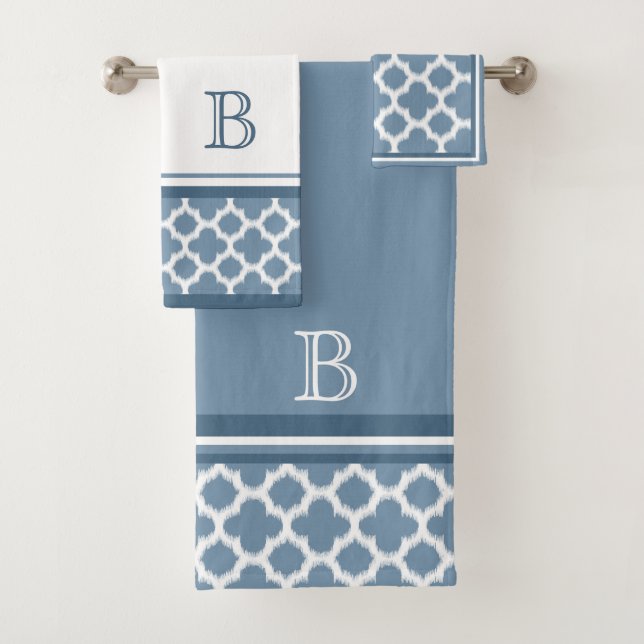 Custom Bermuda Gray Blue White Ikat Quatrefoil Art Bath Towel Set (Insitu)