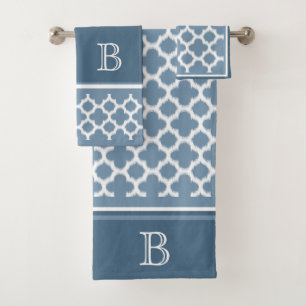 Custom Bermuda Gray Blue White Ikat Quatrefoil Art Bath Towel Set