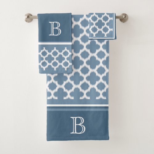 Custom Bermuda Gray Blue White Ikat Quatrefoil Art Bath Towel Set