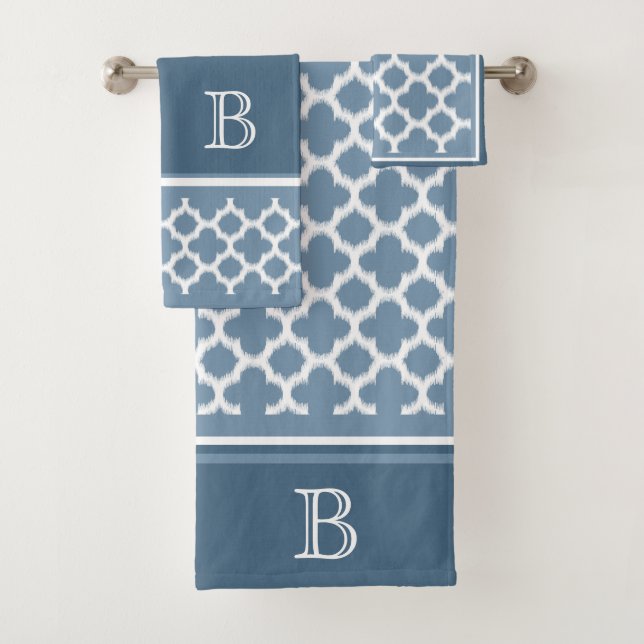 Custom Bermuda Gray Blue White Ikat Quatrefoil Art Bath Towel Set (Insitu)