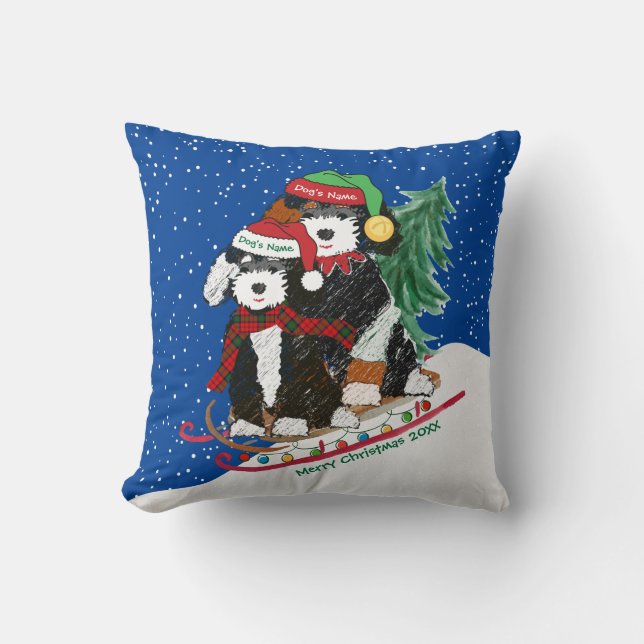 Custom Bernedoodles Riding Christmas Sled Throw Pillow (Front)