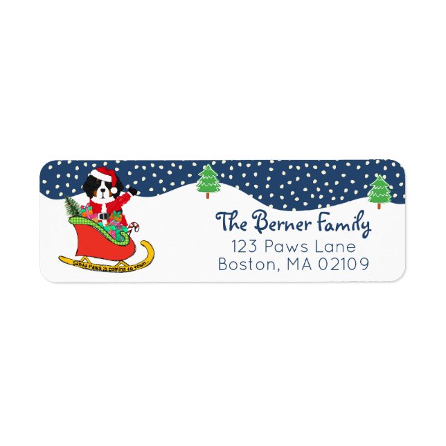 Custom Bernese MT Dog Santa's Sleigh Label (Front)
