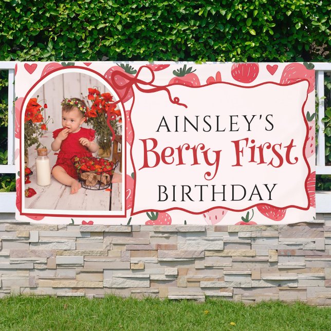 Custom Berry First Coquette Pink Bow 1st Birthday Banner (Creator Uploaded)