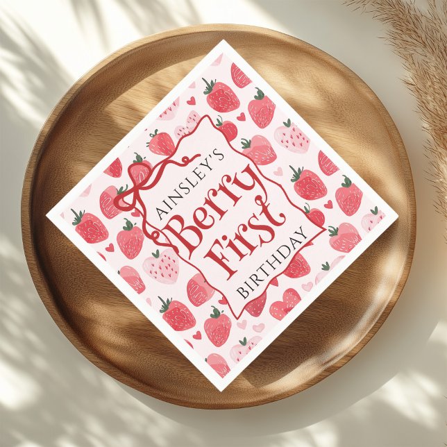 Custom Berry First Coquette Pink Bow 1st Birthday Napkins (Creator Uploaded)