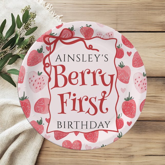 Custom Berry First Coquette Pink Bow 1st Birthday Paper Plates (Creator Uploaded)