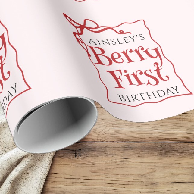 Custom Berry First Coquette Pink Bow 1st Birthday Wrapping Paper (Creator Uploaded)