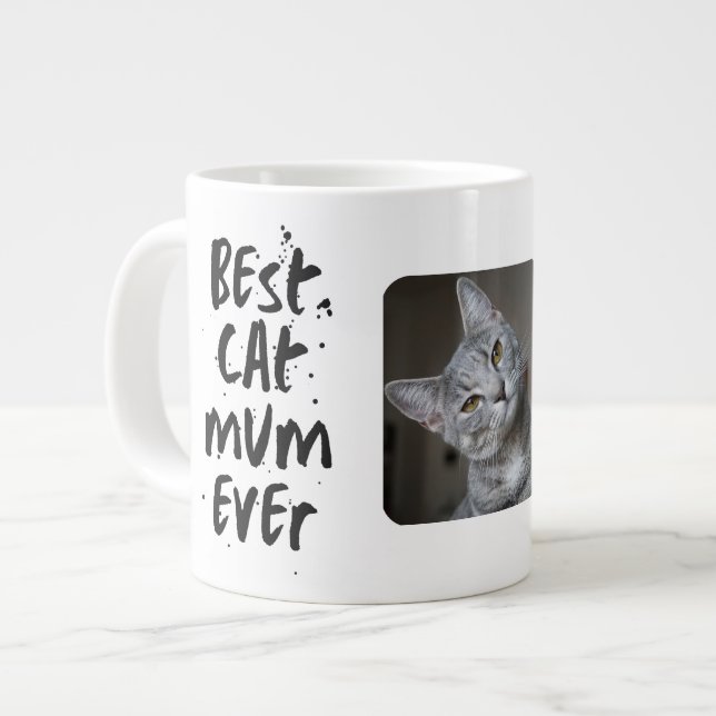 Custom Best cat Mom Ever Modern Trendy Cat Photo Giant Coffee Mug (Front Left)