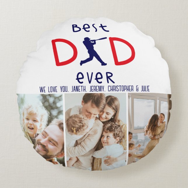 Custom Best Dad Ever Baseball Photo Father's Day Round Pillow (Front)