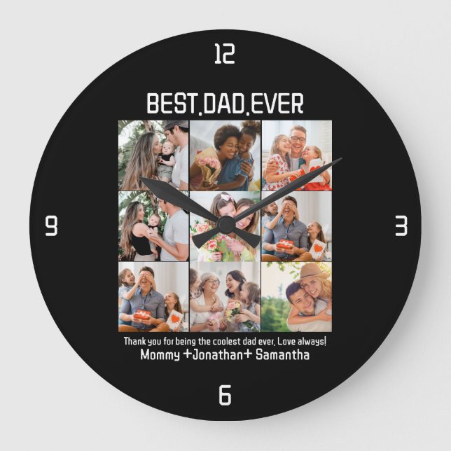 Custom Best Dad Ever Fathers Day 9 Photo Collage Large Clock (Front)
