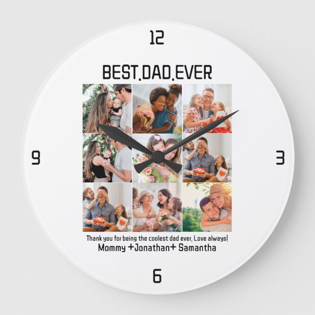 Custom Best Dad Ever Fathers Day 9 Photo Collage Large Clock (Front)