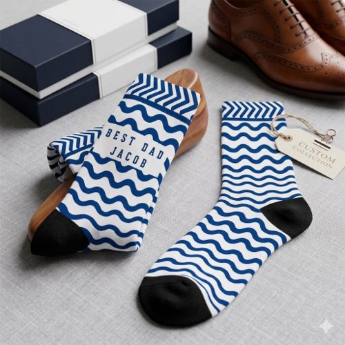 Custom Best Dad Name Blue Wave Pattern Socks