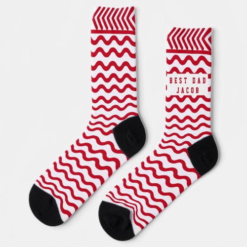 Custom Best Dad Name Red Wave Pattern Socks