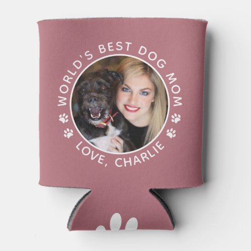 Custom Best Dog Mom Paw Prints Pet Photo Rose Gold Can Cooler