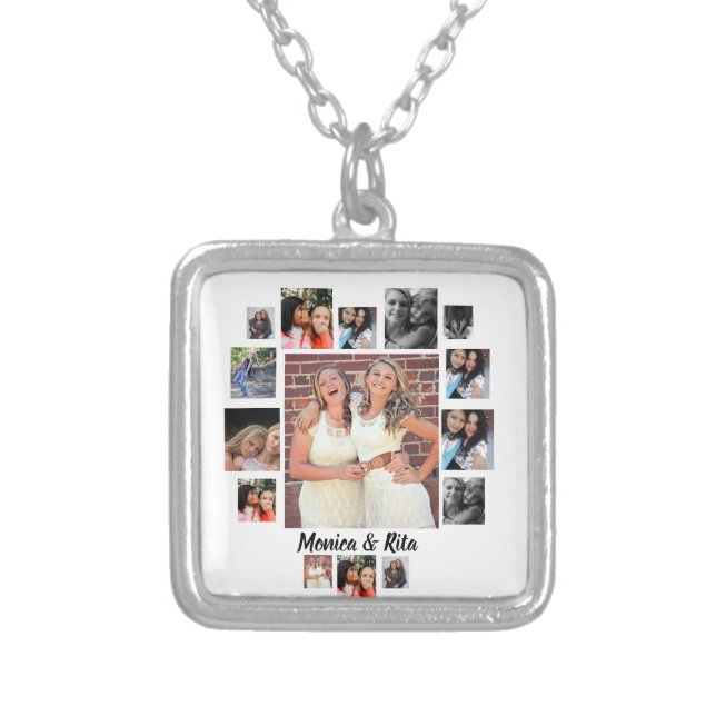 Custom Best Friends 15 Photo Collage  Silver Plated Necklace (Front)