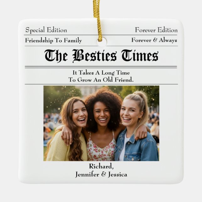 Custom Best Friends Newspaper Photo Ceramic Ornament (Front)