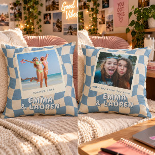 Custom Best Friends Photo Blue Wavy Checkered Throw Pillow
