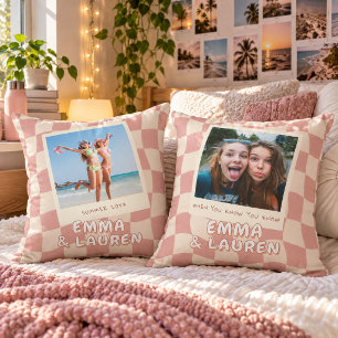 Custom Best Friends Photo Pink Wavy Checkered Throw Pillow
