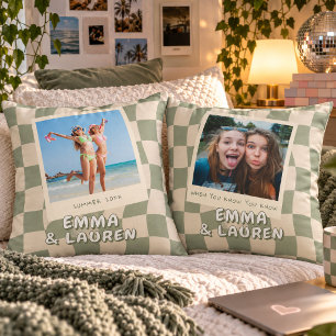 Custom Best Friends Photo Sage Wavy Checkered Throw Pillow