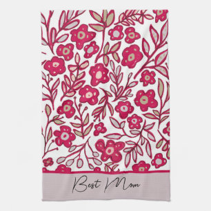 Custom Best Mom Boho Floral Red Gray Kitchen Towel