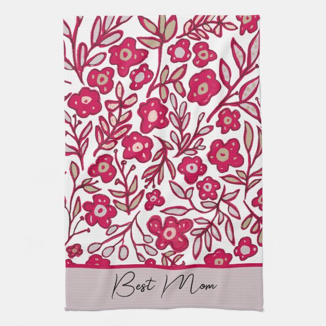 Custom Best Mom Boho Floral Red Gray Kitchen Towel (Vertical)