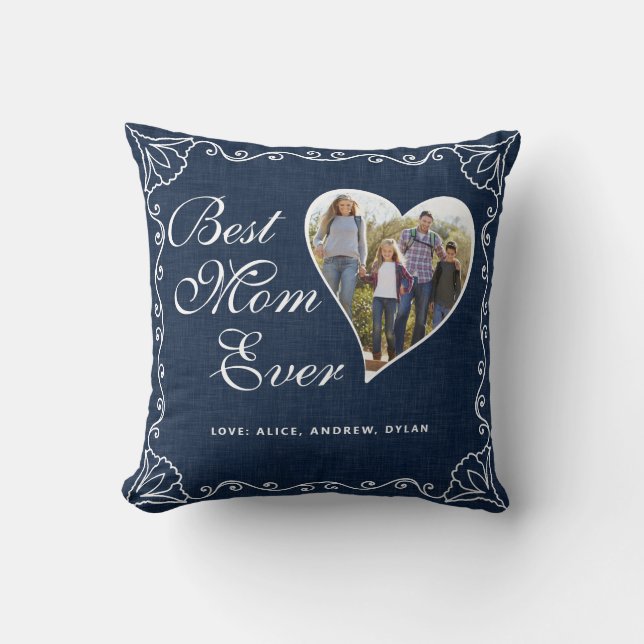 Custom Best Mom Ever Navy Blue White Heart Photo Throw Pillow (Front)