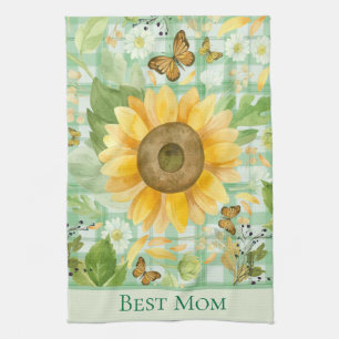 Custom Best Mom Green Gingham Sunflower Butterfly Kitchen Towel