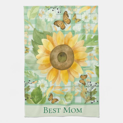 Custom Best Mom Green Gingham Sunflower Butterfly  Kitchen Towel