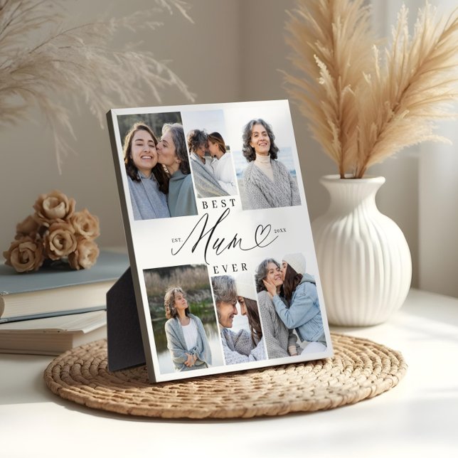 Custom Best Mum Ever 6 Photo Collage Keepsake Gift Plaque (Best Mum Ever Mum Script Heart Photo Collage Plaque)