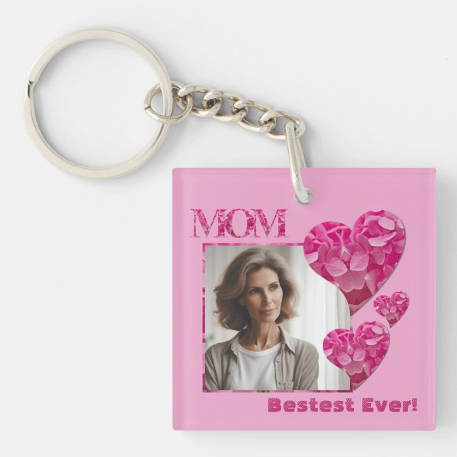 Custom Bestest Mom Ever Photo Floral Heart Pink Keychain (Front)
