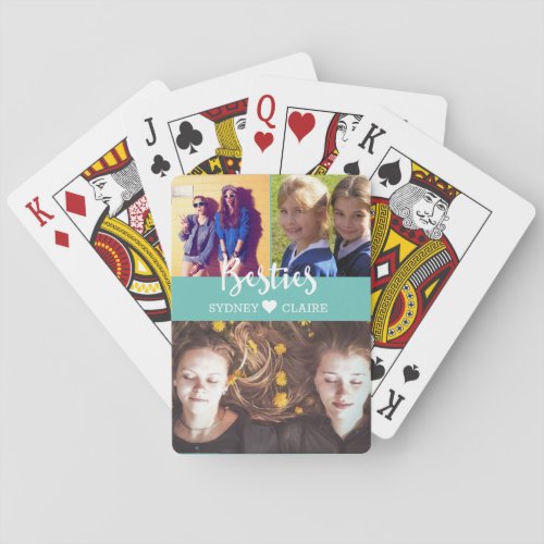 Custom Besties Photo Collage Freindship Teal Playing Cards