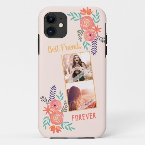 Custom BFF Photo Coral Pink Watercolor Flower  iPhone 11 Case