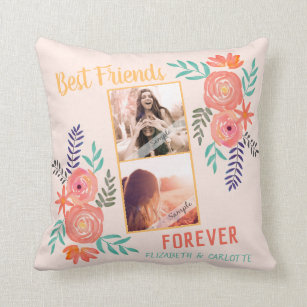 Custom BFF Photo Coral Pink Watercolor Flower  Throw Pillow