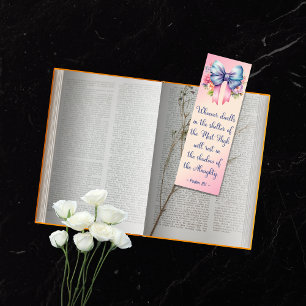 Custom Bible Verse Psalm 91:1 Floral Bow Blue Pink Bookmarks