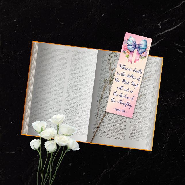 Custom Bible Verse Psalm 91:1 Floral Bow Blue Pink Bookmarks (Creator Uploaded)