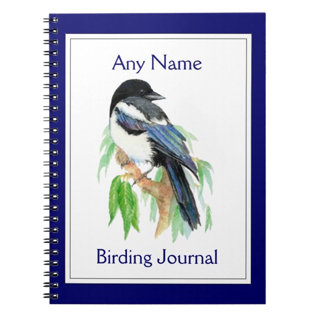 Custom Birding Journal Watercolor Magpie (Front)