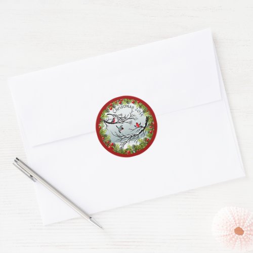 Custom Birds In Snow Pine Needles Red Berries Classic Round Sticker