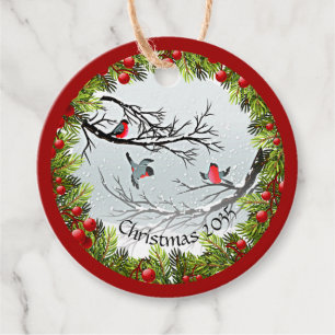Custom Birds In Snow Pine Needles Red Berries Favor Tags