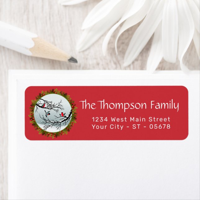 Custom Birds In Snow Pine Needles Red Berries Label (Insitu)
